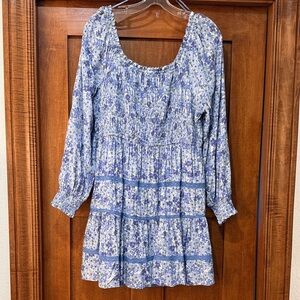 Japna Light Blue Floral Long Sleeve Smocked Dress